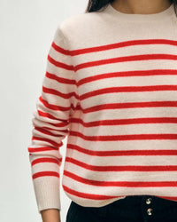 White + Warren Cashmere Striped Crew in Soft White/Desert Red 