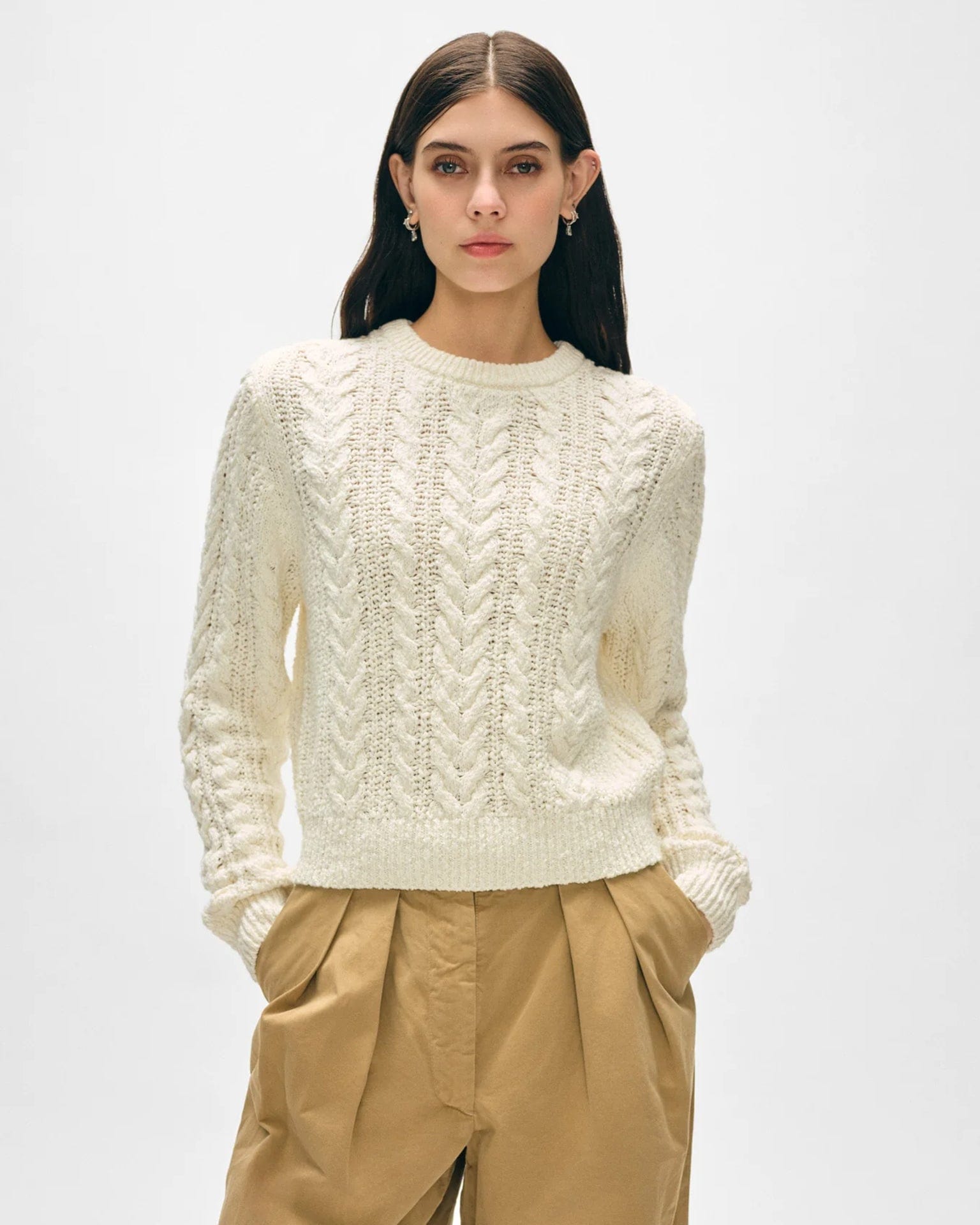 Cotton Slub Cable Crew in Ivory
