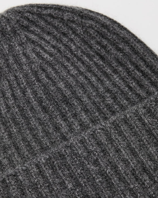Close-up of the White + Warren Cashmere Plush Rib Beanie in Dark Slate Heather, highlighting its textured and cozy ribbed knit—perfect for cold weather.