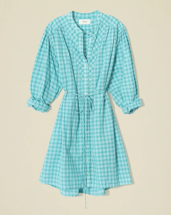 Checkered teal and white Winnie Dress in Aqua Blue with a cinched waist and button front by XiRENA.