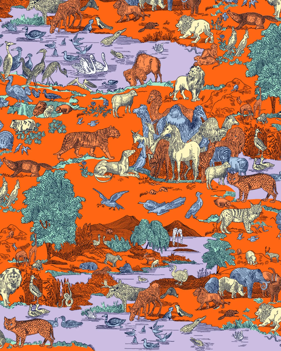 Illustration of various animals in a colorful, stylized ecosystem on a Scarf 100 Reverie in Terracotta by Inoui Editions.
