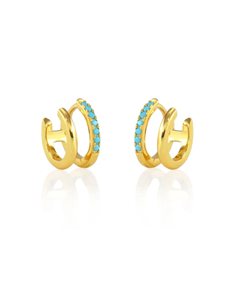 Double Huggie Hoop Earring 18K Gold with Turquoise Crystal