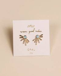 Pair of Sun Ray - Fire Opal stud earrings designed to resemble rays of light, presented on a beige display card with the phrases "wear good vibes" and "opal joy" by JaxKelly.