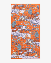 A vibrant orange Scarf 100 Reverie in Terracotta featuring a detailed pattern of wildlife and trees by Inoui Editions.