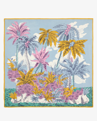 Illustration of colorful, stylized tropical plants and trees on a silk cashmere blend oversized bandana with an Inoui Editions pastel background featuring the Square 130 Robinson in Blue.