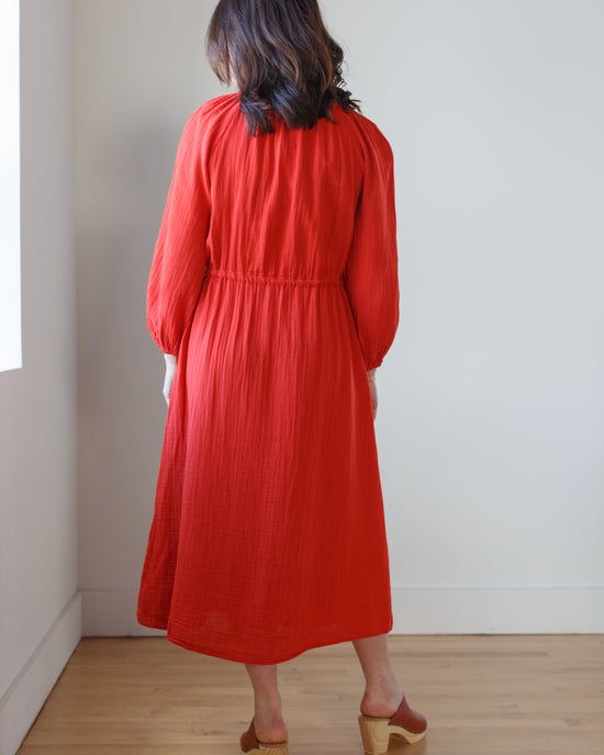 A person standing with their back to the camera wearing a red mid-length Audrey Dress in Cherry by Velvet by Graham & Spencer and tan shoes.