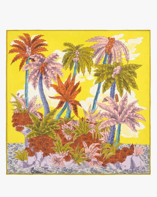 Vibrant tropical oversized bandana design featuring palm trees, flowers, and foliage with a yellow background by Inoui Editions - Square 130 Robinson in Yellow by Inoui Editions.