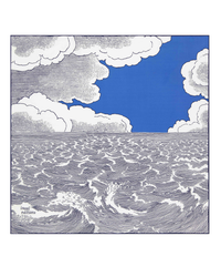 Illustration of a seascape with swirling waves under a sky with clouds, depicted on an Inoui Editions Square 65 Oceanique bandana in Navy.