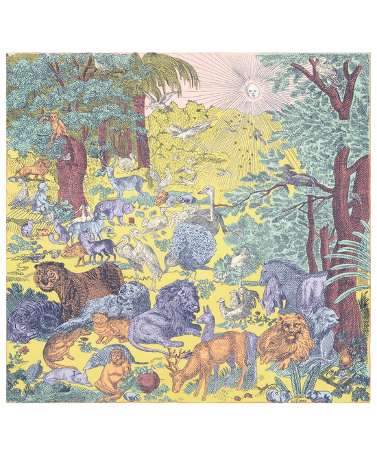 A colorful illustration depicting a variety of animals in a dense, fantastical forest setting with a sun shining in the background, designed on an oversized Inoui Editions Square 100 Reverie in Pastel bandana.