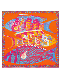 Colorful, stylized illustration of fish on an oversized Square 130 Tango in Red bandana by Inoui Editions.