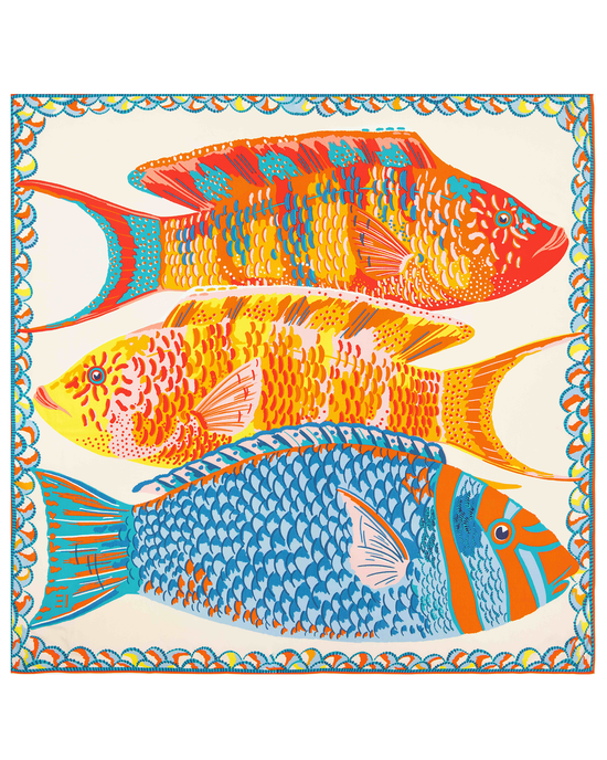A colorful artistic illustration of three stylized fish with intricate patterns on a luxurious oversized Inoui Editions Square 130 Tango in Orange bandana.