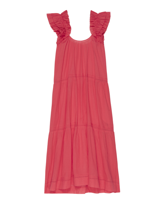 Coral red sleeveless The Dove Dress in Tart with ruffled shoulders and tiered skirt by the Great.
