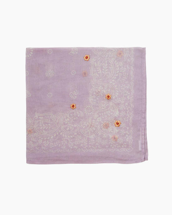 A Tiny Emb Flower Bandana in Winsome Orchid with decorative floral print embroidery and sequins on a white background by Chan Luu.