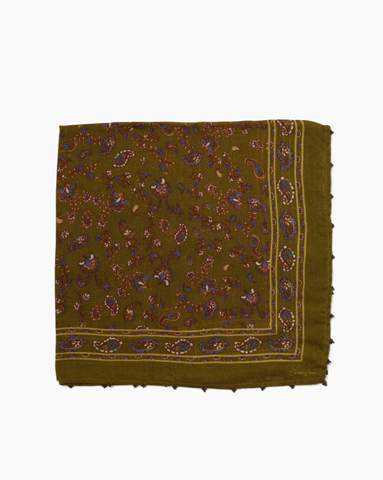 Olive green Paisley Bandana in Grass Roots with beaded edges on a white background by Chan Luu.