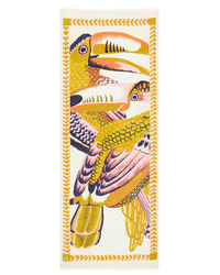Illustration of two colorful toucans with a Scarf 70 Toucan in White by Inoui Editions on a decorative background.