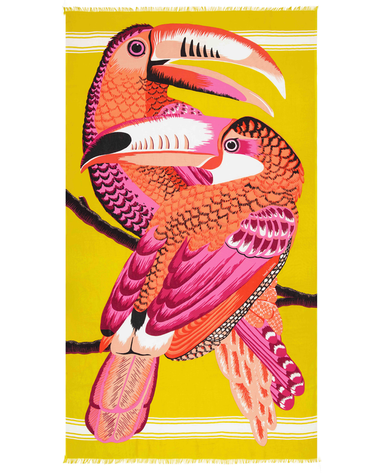Colorful Inoui Editions 100% Cotton illustrated textile featuring two pink toucans on a yellow background.