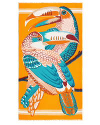 Two stylized toucans on an orange background with a decorative border, from Inoui Editions Scarf 100 Toucan in Orange collection.