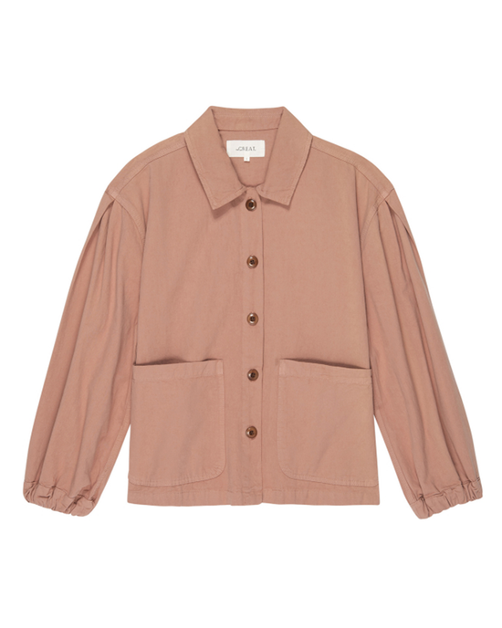 Beige Blouson Sleeve Chore Coat in Washed Rose by the Great displayed against a white background.