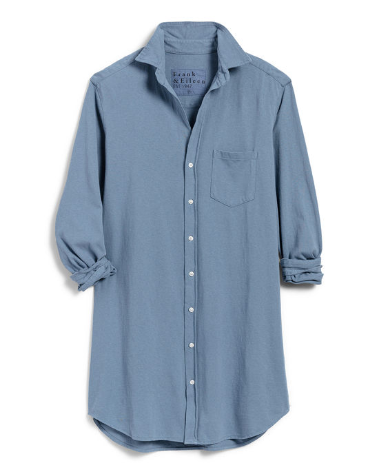 A light blue Cotton Jersey Mary Knit Shirtdress in Jean displayed on a white background by Frank & Eileen.