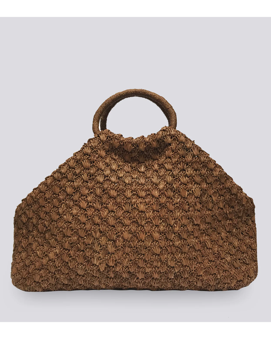Clementine Bag in Sucre Brown by Maison N.H Paris with circular handles on a grey background.