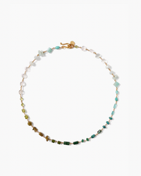 Chan Luu Daphne Beaded Necklace in Turquoise Mix with varying shades of green and white natural stones and a gold clasp on a white background.