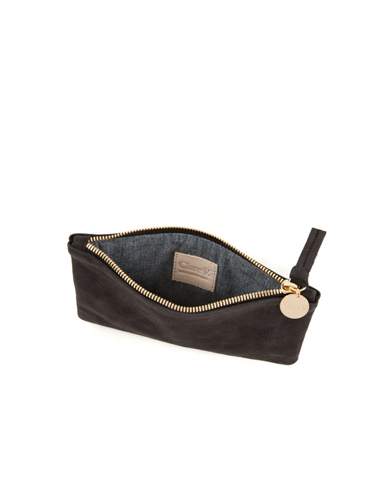 Clare V. Wallet Clutch in Black Nubuck with open top and visible inner lining, made in LA.