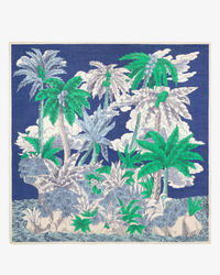 Tropical-themed illustration featuring a variety of trees and plants against a blue background, depicted on an oversized bandana by Inoui Editions.