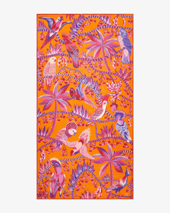 Vibrant orange Scarf 100 Cerise in Orange fabric with a tropical bird and foliage print, Made in India by Inoui Editions.