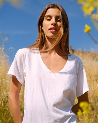 AMO Clothing V Neck Tee in White Cotton