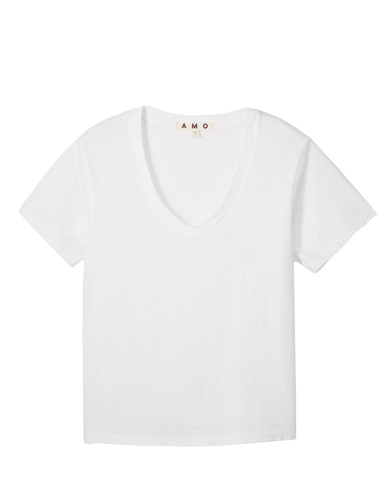 AMO Clothing V Neck Tee in White Cotton