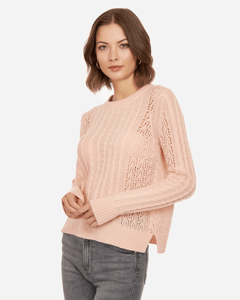 Autumn Cashmere Clothing Open Pointelle Cable Crew in Apricot