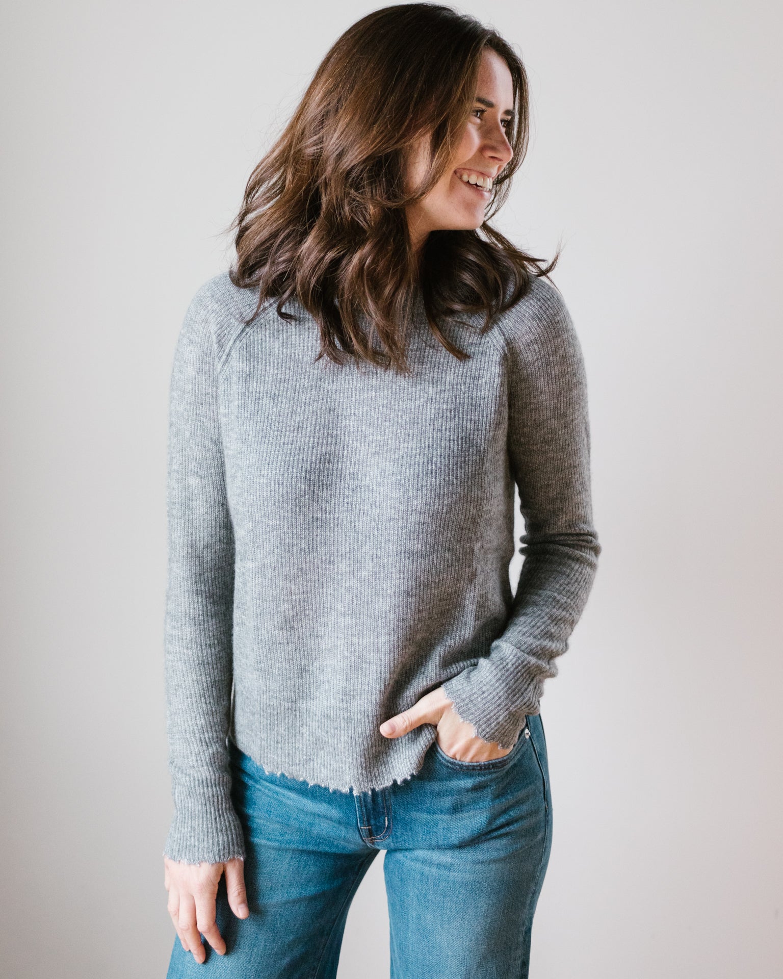 Autumn Cashmere Raw Edge Shaker Crew in Banker's Gray- Bliss Boutiques