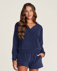 Barefoot Dreams Clothing Cozyterry Cross Over Hoodie in Indigo