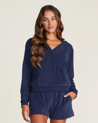 Barefoot Dreams Clothing Cozyterry Cross Over Hoodie in Indigo