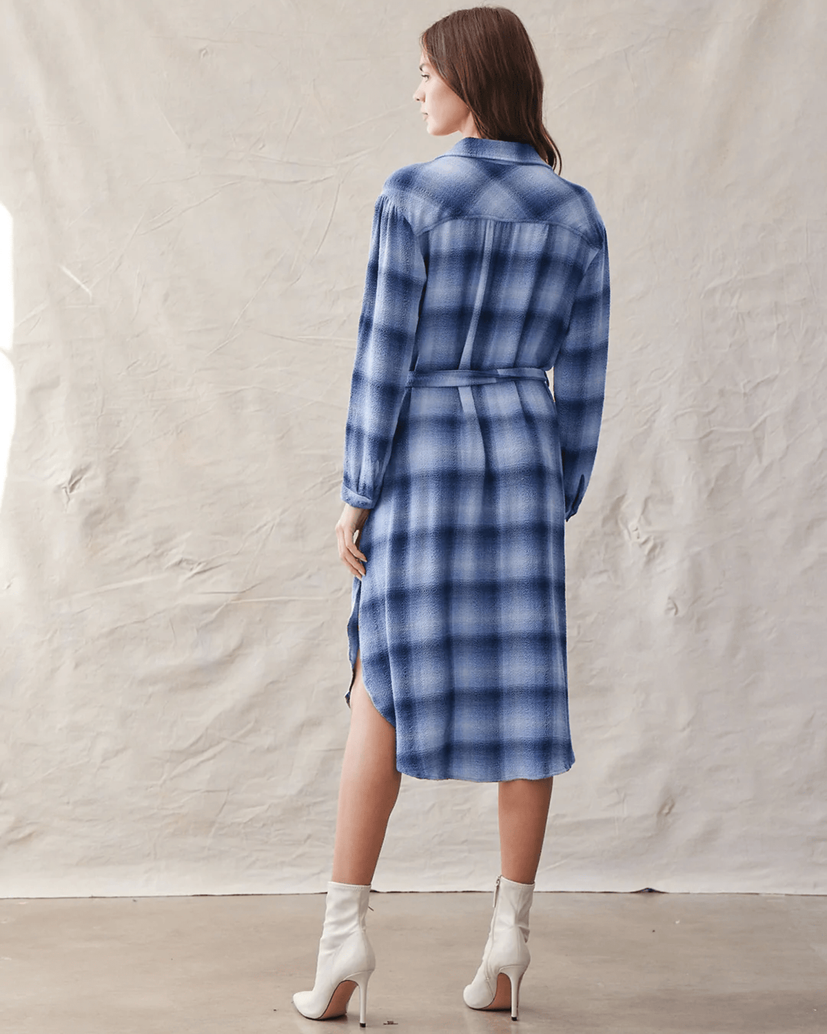 Bella Dahl Clothing Hi/Lo Maxi Dress in Indigo Heather Plaid