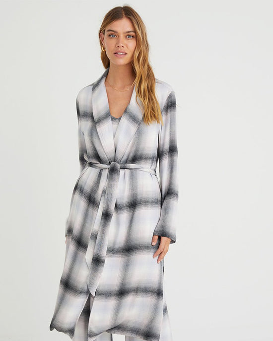 Bella Dahl Clothing Lounge L/S Shawl Collar Robe in Lilac Ombre Plaid