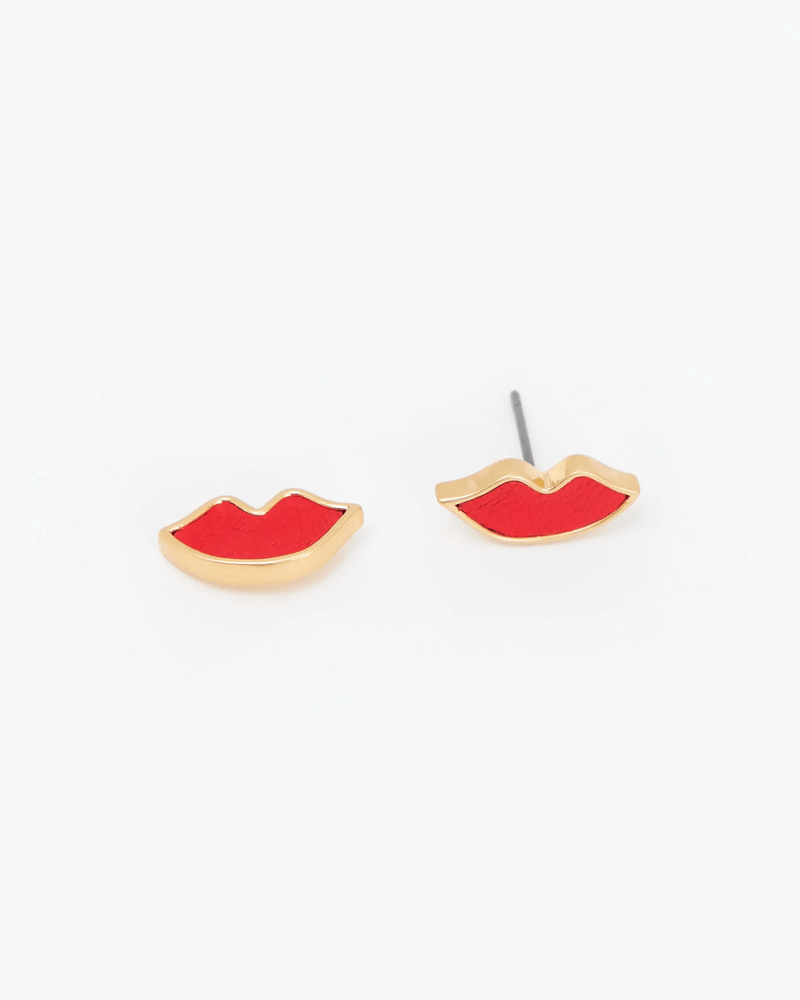 Clare V. Lips Stud Earrings in Lipstick Red Nappa Vintage Gold