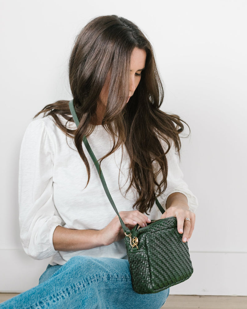 Clare V. Clothing Evergreen Midi Sac in Evergreen Woven Zig-Zag