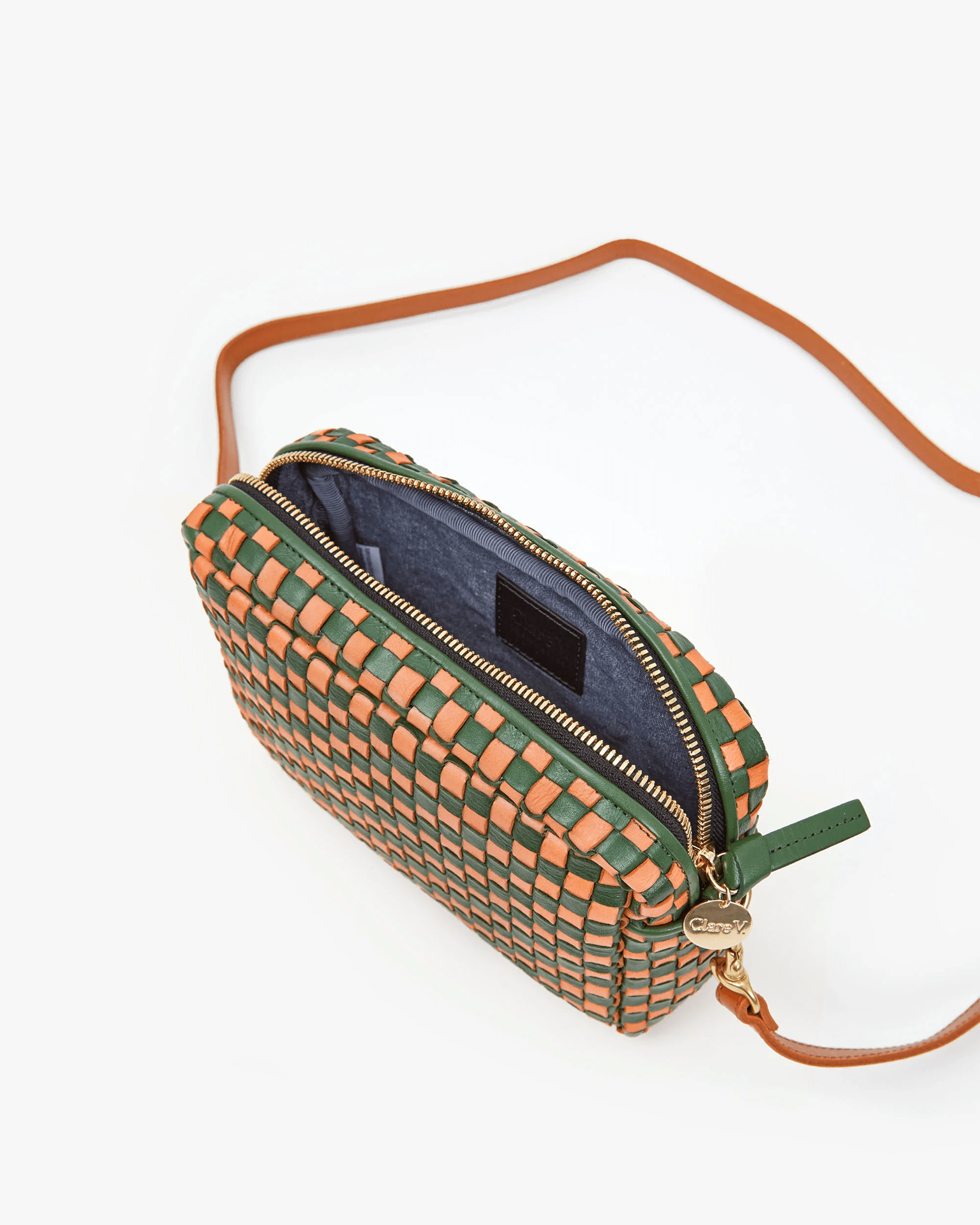 Clare V. Midi Sac in Safari Green BH Coral Woven Checker Bliss