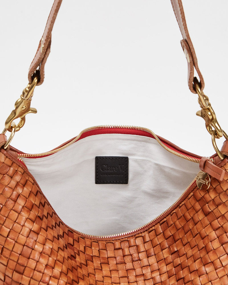 Clare V Moyen Messenger Crossbody Bag In Natural Woven Checker