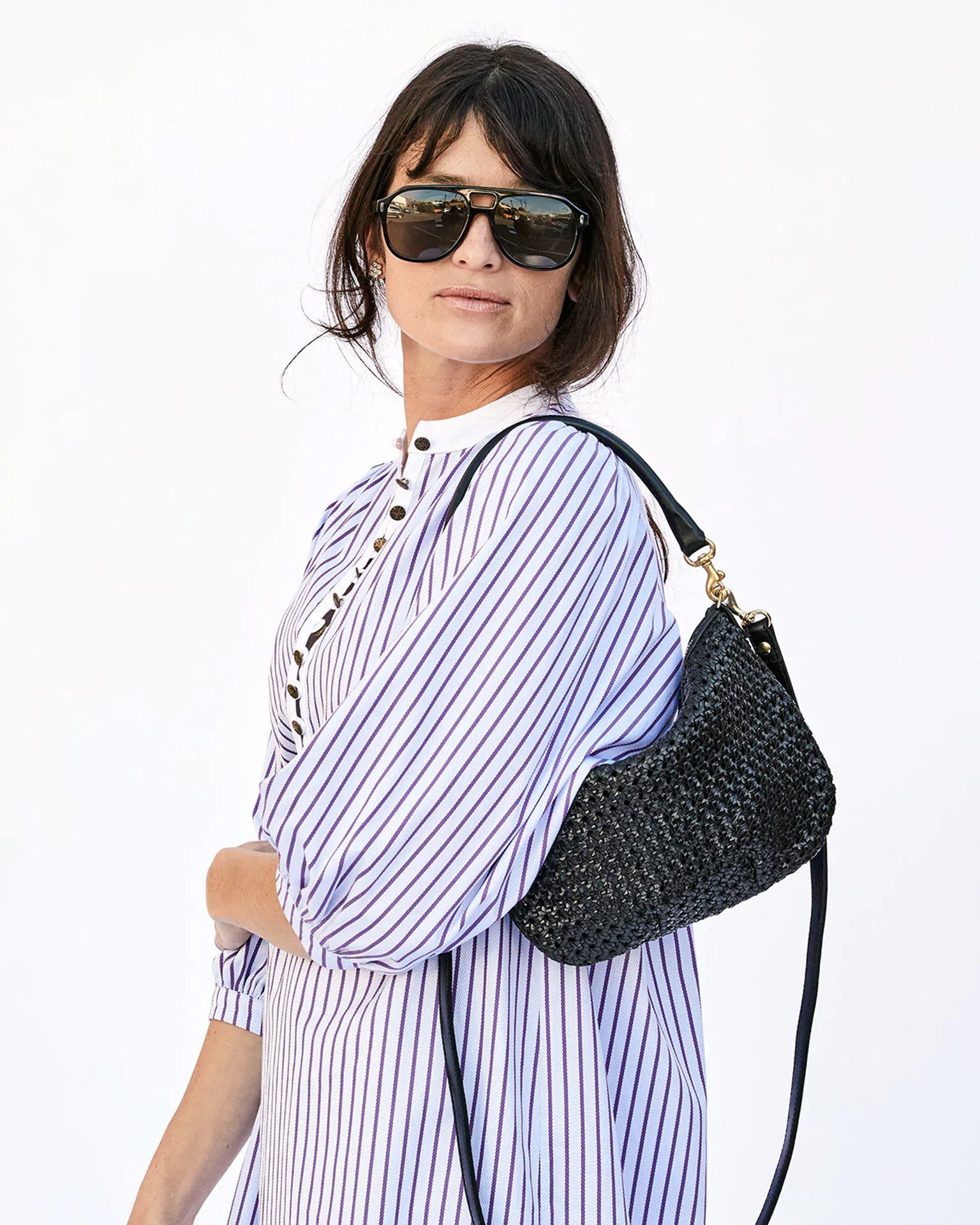 Clare V. Petit Moyen Messenger Bag in Black Woven Checker