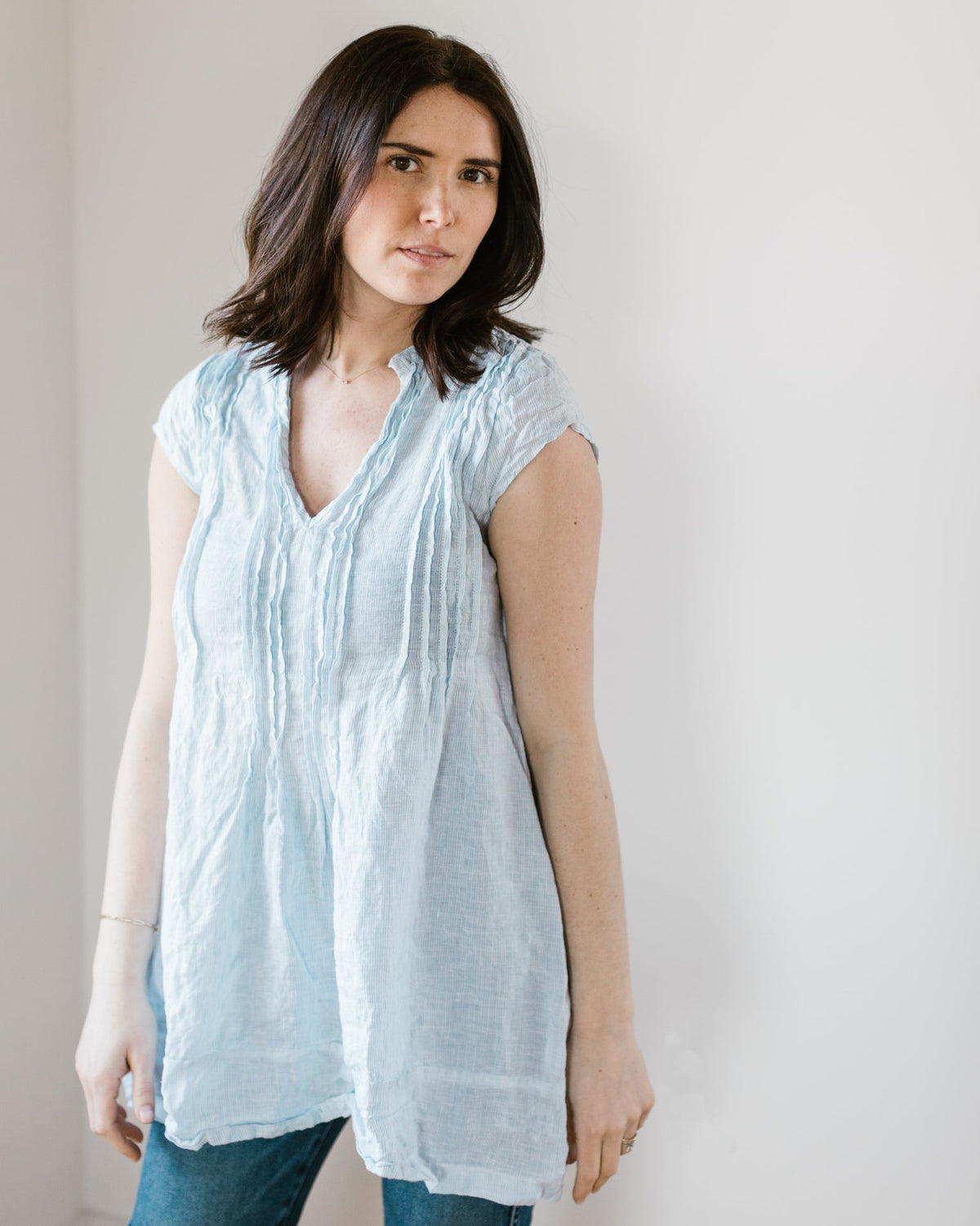 CP Shades Clothing Cap Sleeve Regina in Light Blue Stripe Linen