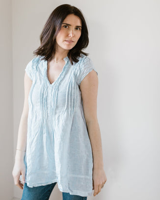 CP Shades Clothing Cap Sleeve Regina in Light Blue Stripe Linen