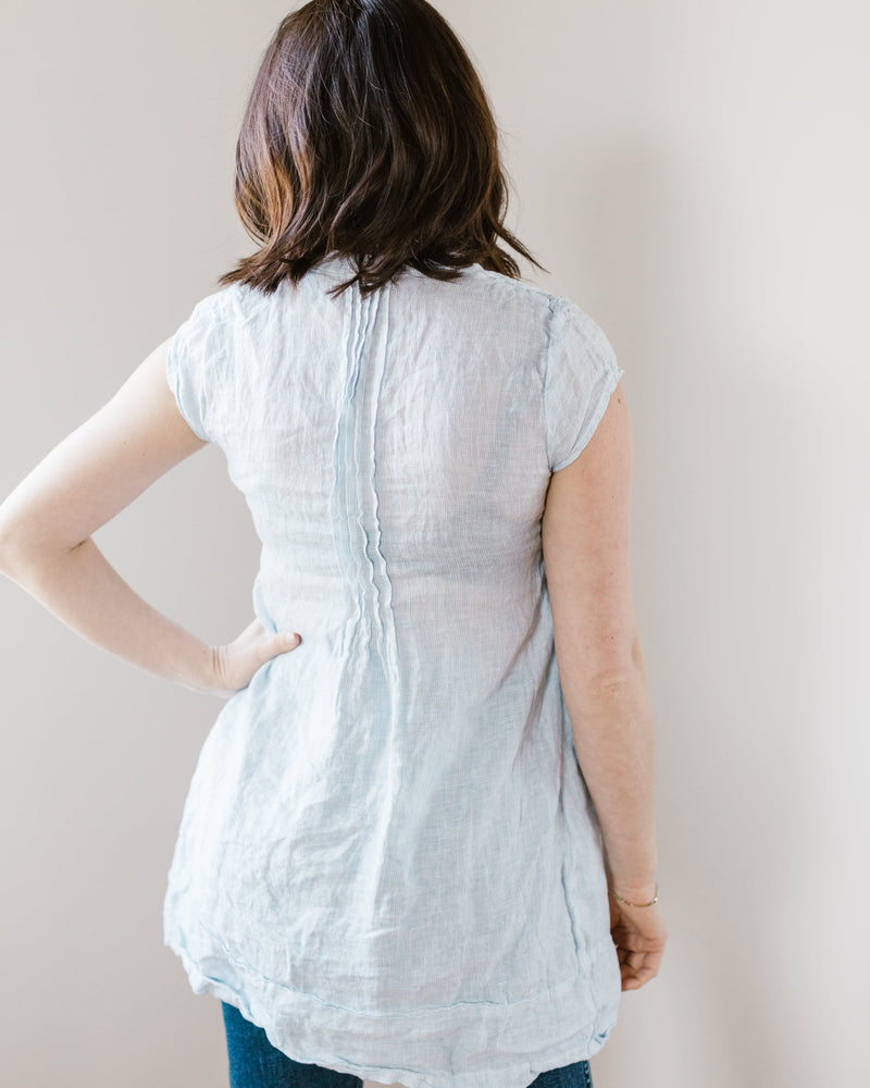 CP Shades Clothing Cap Sleeve Regina in Light Blue Stripe Linen