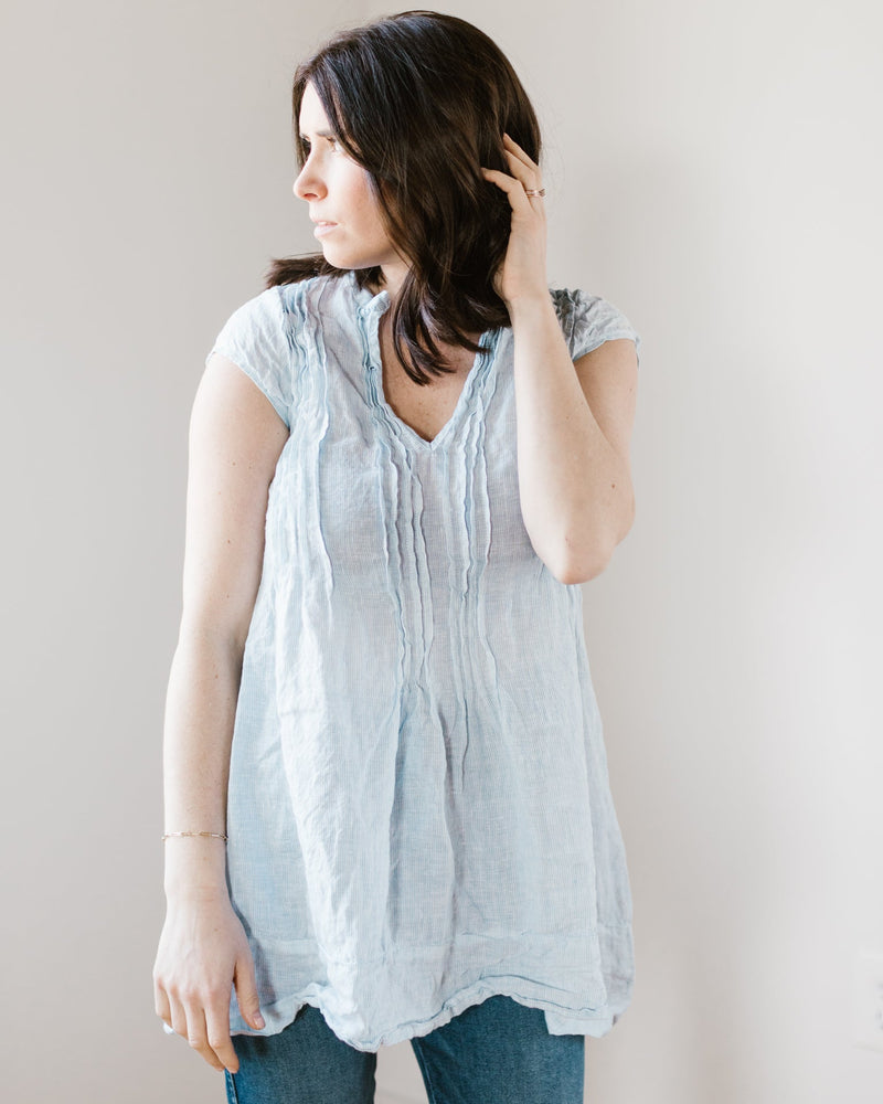 CP Shades Clothing Cap Sleeve Regina in Light Blue Stripe Linen