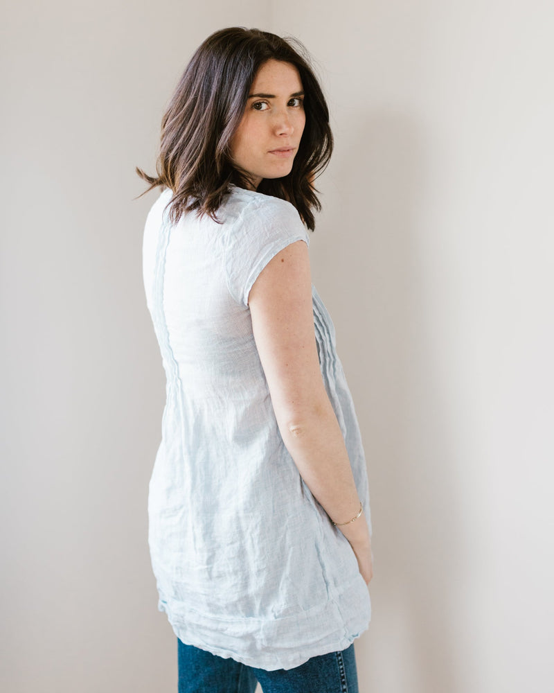 CP Shades Clothing Cap Sleeve Regina in Light Blue Stripe Linen