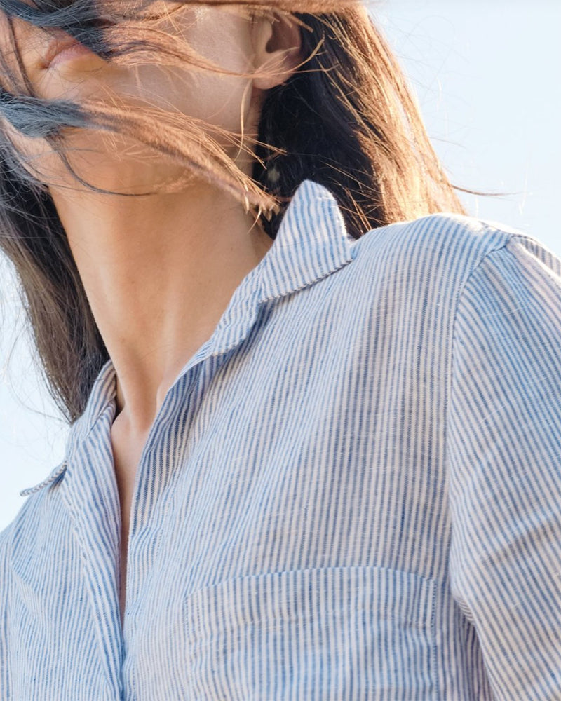 Frank & Eileen Clothing Rory Shirtdress in Blue Stripe Linen