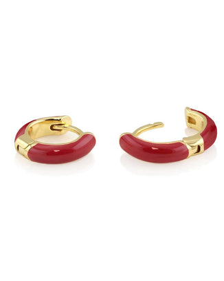 Kris Nations Jewelry Gold / Deep Red Enamel Huggie Hoops in Deep Red