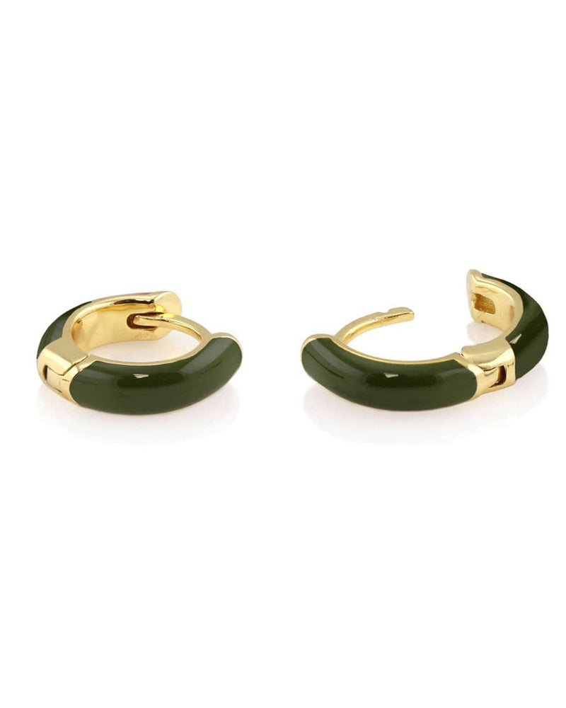 Kris Nations Jewelry Gold / Olive Green Enamel Huggie Hoops in Olive Green