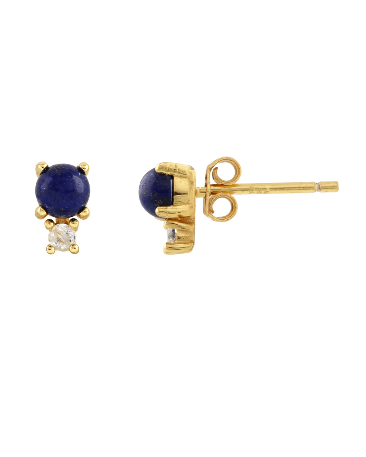 Kris Nations Jewelry Gold Two Stone Stud Earrings with Lapis and White Topaz